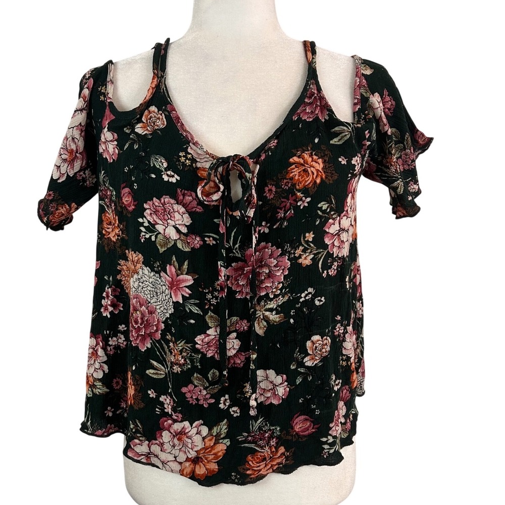 Ambiance Floral Cold Shoulder Keyhole Tie Rayon Blouse L Romantic Boho Whimsical